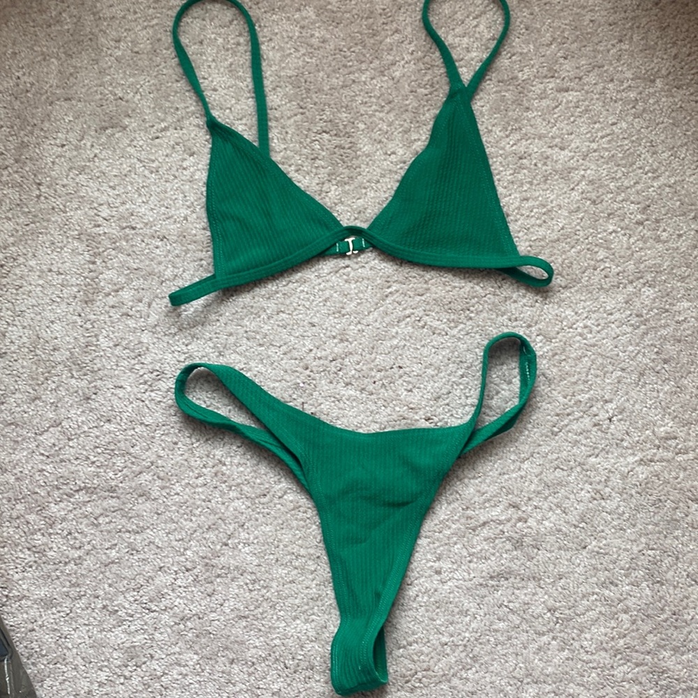 Green thong high waisted bikini. Triangle top with hook closure on back.
